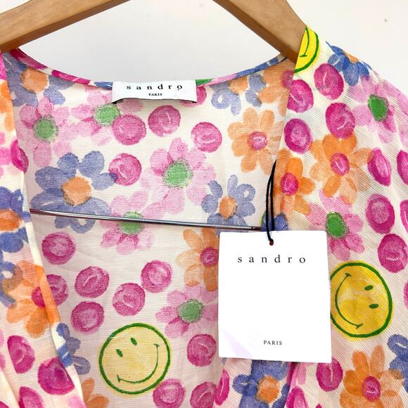 Sandro Paris Smiley Face Flower Linen Mini Dress Size 36 Small 4 Flirty Short - Picture 3 of 9